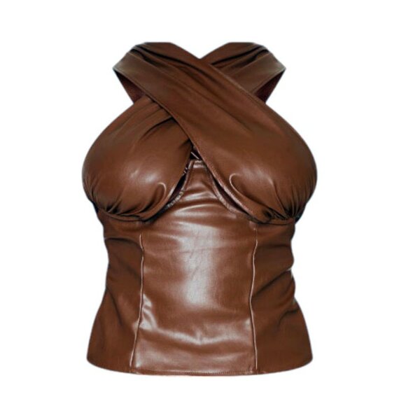 PrettyLittleThing Cocoa Brown Faux Leather Crossover‎ Zip Top - Picture 1 of 7